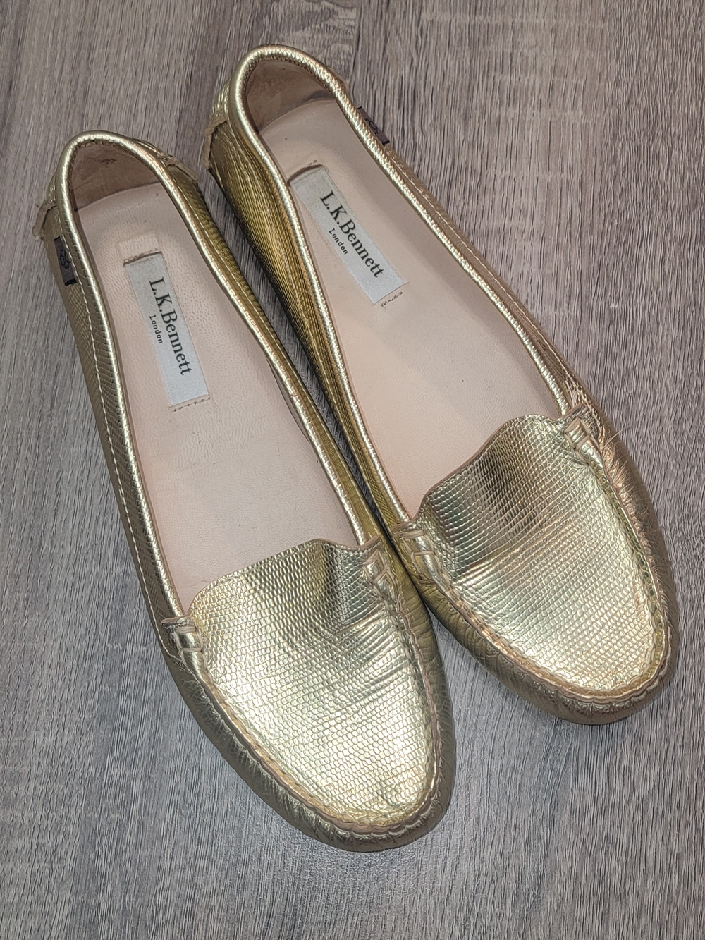 LK Bennett Metallic Gold Textured Leather Leather Moccasins